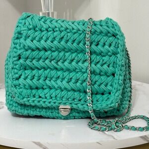 Handwoven Turquoise Crochet Chain Strap Top Handle Bag Coastal Chic Artisan